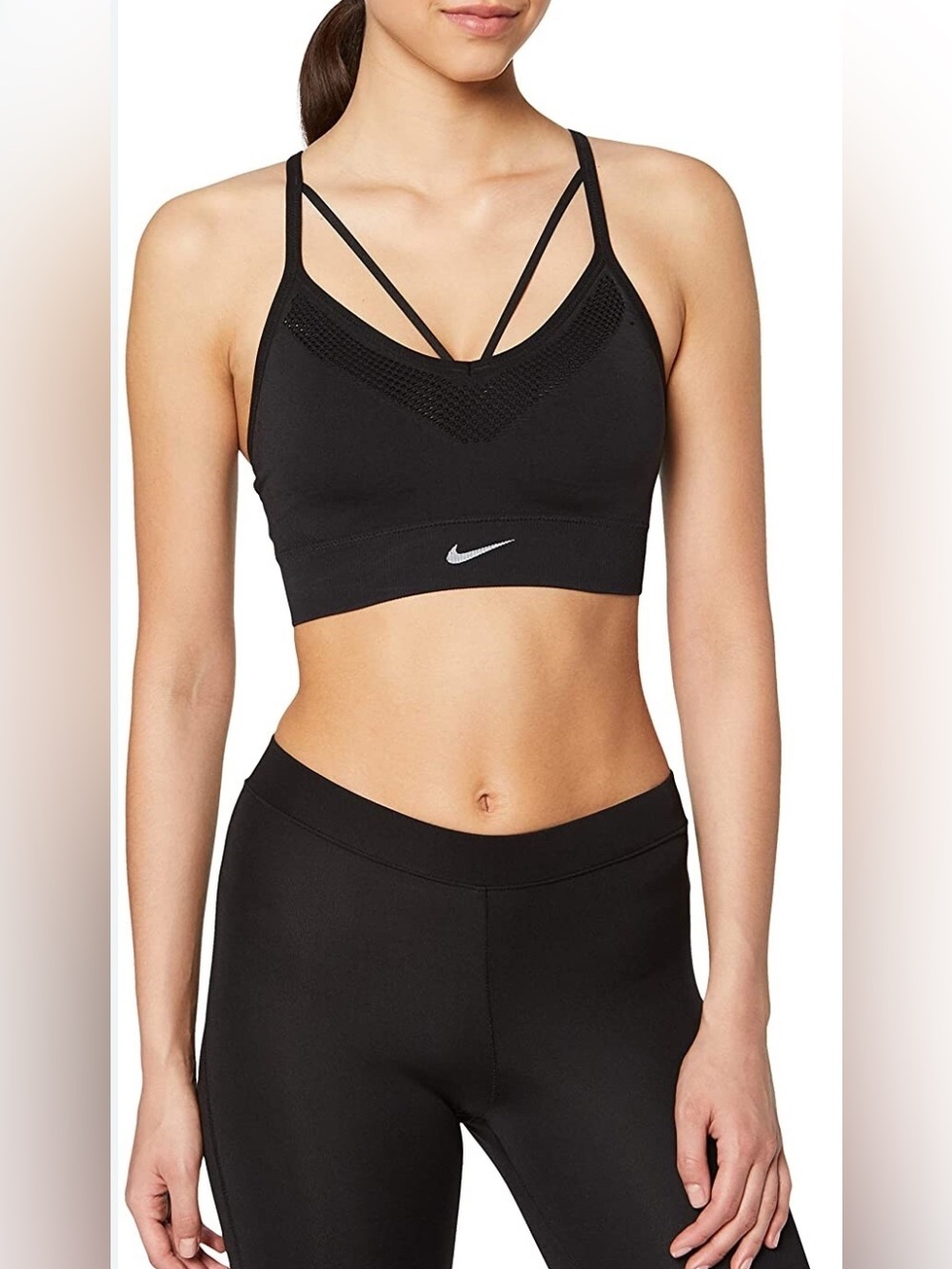 Nike Black Strappy V‑Neck Sports Bra with Mesh Detail